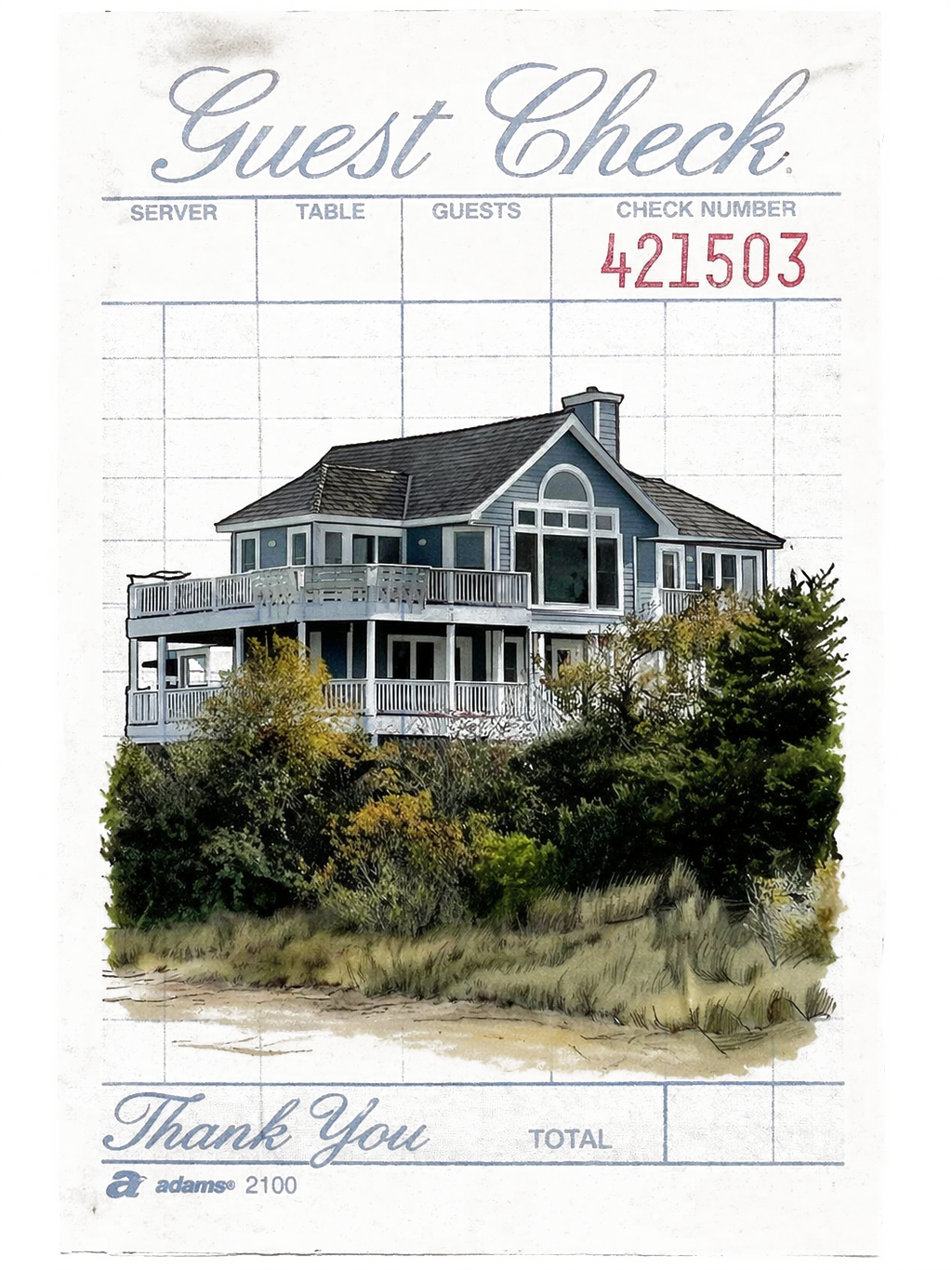 Illustrated guest-check rendering of the Sound Decision sound-front home in The Village at Nags Head