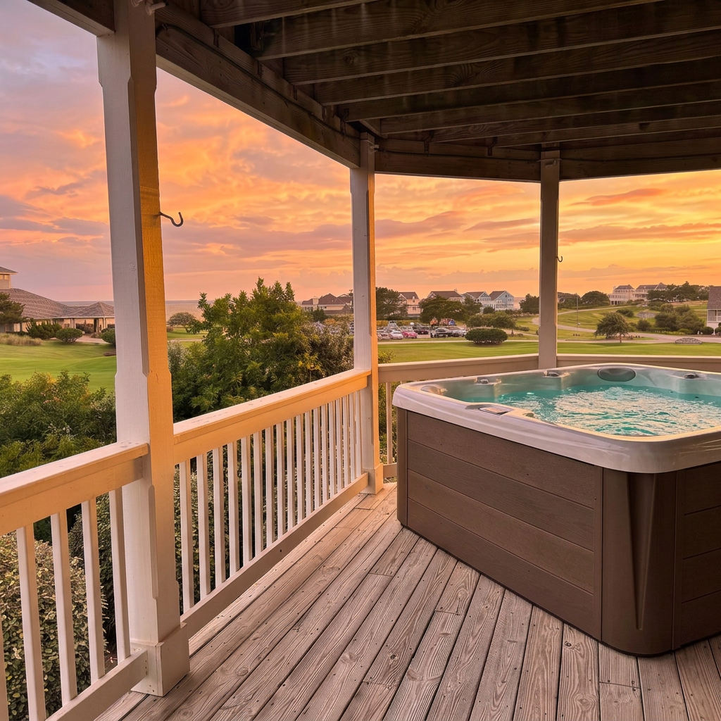 New six-person hot tub on the middle deck at Sound Decision, uncovered and filled with water, with a sunset sky over the Roanoke Sound